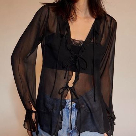 Urban Outfitters Misty Gauze Tie-Front Blouse Black - Picture 1 of 3